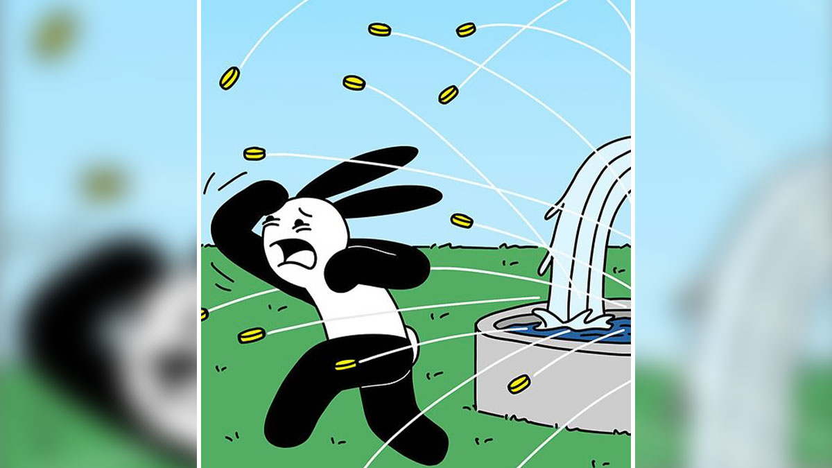 Buni comic character running and dodging flying coins near a fountain in a humorous cartoon scene.