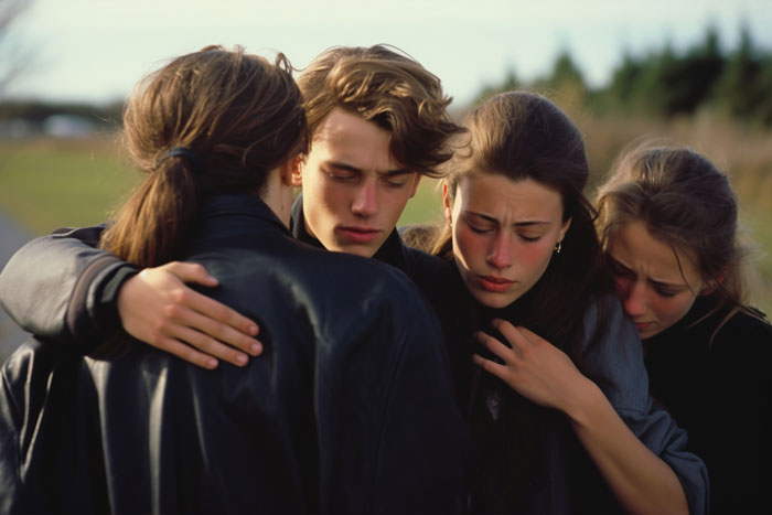 Group of upset stepkids comforting each other outdoors, reflecting feelings of hurt and abandonment after widow’s burial choice. Group of upset stepkids comforting each other outdoors, reflecting feelings of hurt and abandonment after widow’s burial choice.