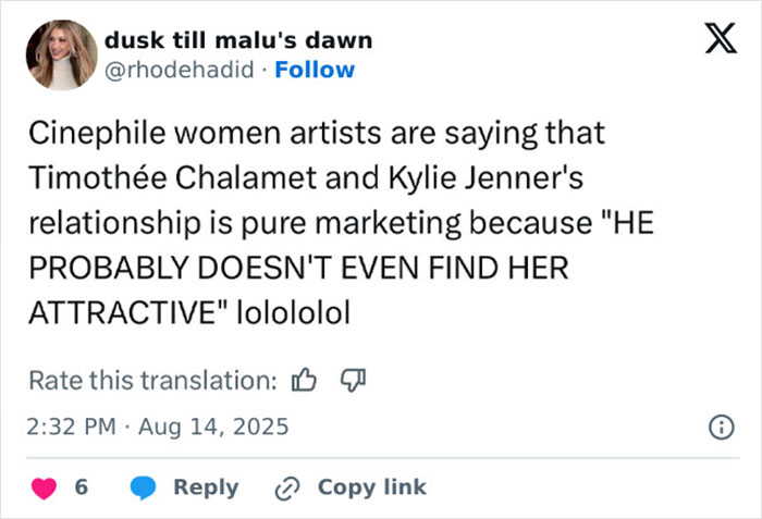 Social media post discussing breakup rumors and Kylie Jenner rocking a risqué outfit during a night out without Timothée Chalamet. Social media post discussing breakup rumors and Kylie Jenner rocking a risqué outfit during a night out without Timothée Chalamet.