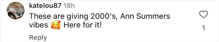 Comment on social media post saying these Skims look like 2000's Ann Summers vibes with enthusiasm and support. Comment on social media post saying these Skims look like 2000's Ann Summers vibes with enthusiasm and support.