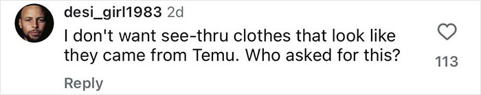 Screenshot of a social media comment criticizing see-through clothes in Kim Kardashian’s new Skims campaign, comparing them to diapers. Screenshot of a social media comment criticizing see-through clothes in Kim Kardashian’s new Skims campaign, comparing them to diapers.