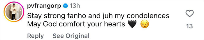 Instagram comment expressing condolences and comfort after tragic event involving 2-year-old drowning during dad's streaming. Instagram comment expressing condolences and comfort after tragic event involving 2-year-old drowning during dad's streaming.