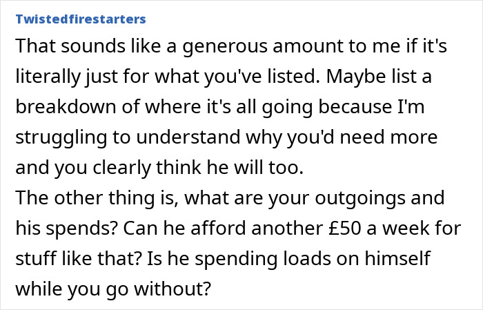 Alt text:
Woman on a 12-month hiatus from work expecting more money than husband’s £150 weekly allowance in text discussion. Alt text:
Woman on a 12-month hiatus from work expecting more money than husband’s £150 weekly allowance in text discussion.