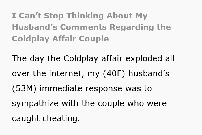 “I Can’t Stop Thinking About My Husband’s Comments Regarding the Coldplay Affair Couple” “I Can’t Stop Thinking About My Husband’s Comments Regarding the Coldplay Affair Couple”