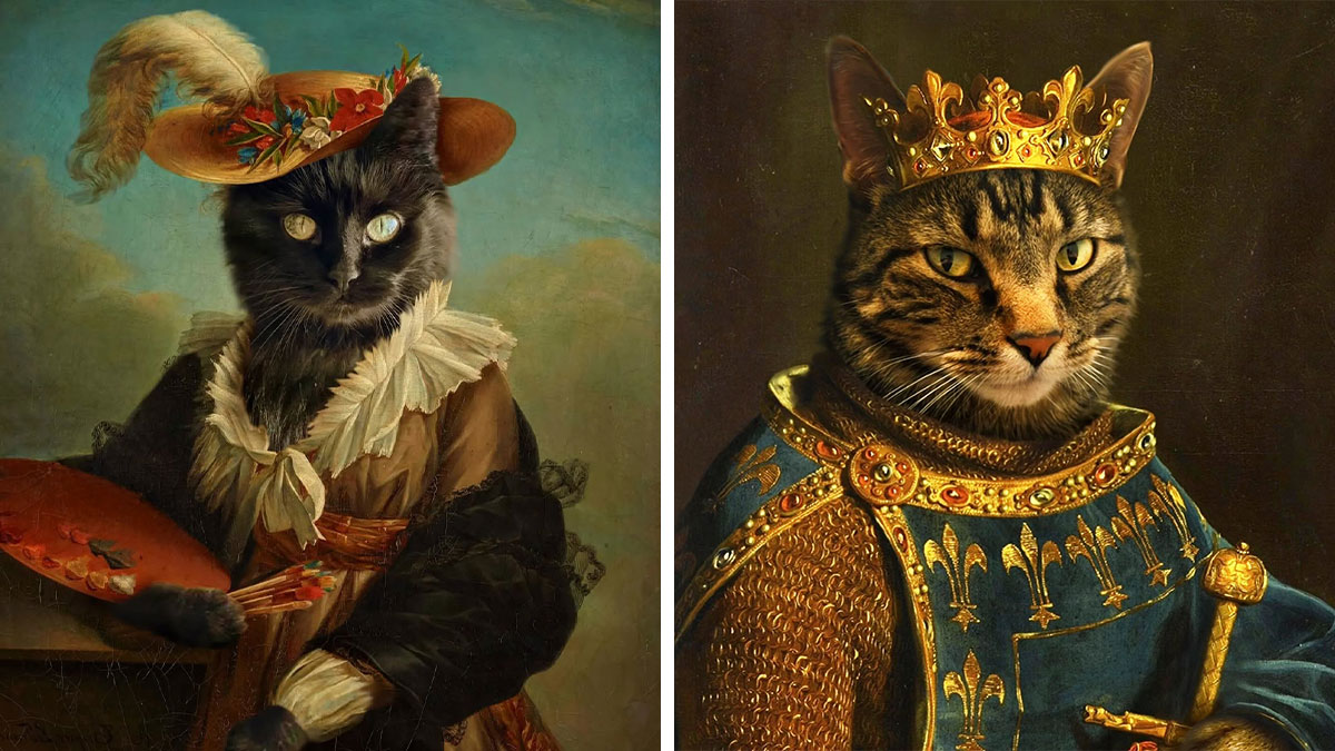 Two cats transformed into majestic figures, one painted as a noblewoman and the other as a medieval king in historical portraits.
