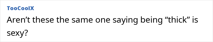 Comment section screenshot featuring a user named TooCoolX questioning body image and diet trends. Comment section screenshot featuring a user named TooCoolX questioning body image and diet trends.