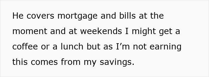 Text excerpt about a woman on a 12-month hiatus from work relying on husband’s £150 weekly support for bills. Text excerpt about a woman on a 12-month hiatus from work relying on husband’s £150 weekly support for bills.