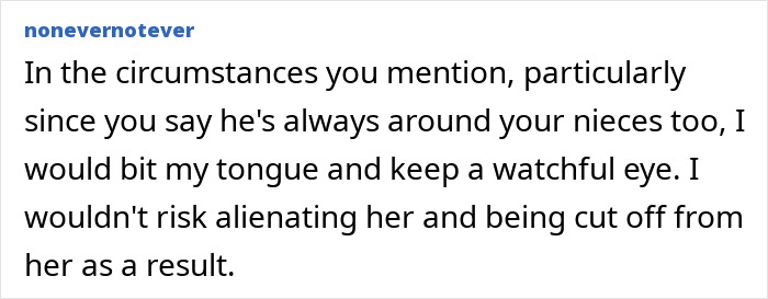 Screenshot of a forum post discussing whether to bite tongue about sister's boyfriend appearing quite fake and suspicious behavior. Screenshot of a forum post discussing whether to bite tongue about sister's boyfriend appearing quite fake and suspicious behavior.