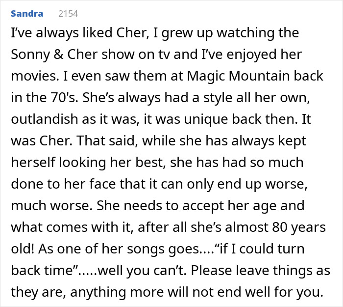 Online comment discussing Cher’s melting appearance and concern over her plastic surgery indulgence. Online comment discussing Cher’s melting appearance and concern over her plastic surgery indulgence.