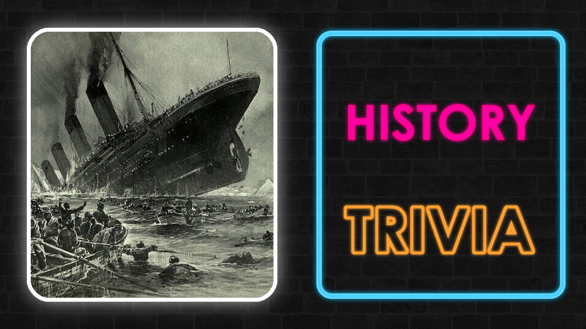 Black and white image of sinking Titanic with neon glowing text history trivia on black brick wall background.