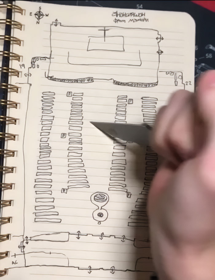 Hand holding a knife over a notebook sketch with a disturbing manifesto and photo layout linked to Minneapolis massacre culprit. Hand holding a knife over a notebook sketch with a disturbing manifesto and photo layout linked to Minneapolis massacre culprit.