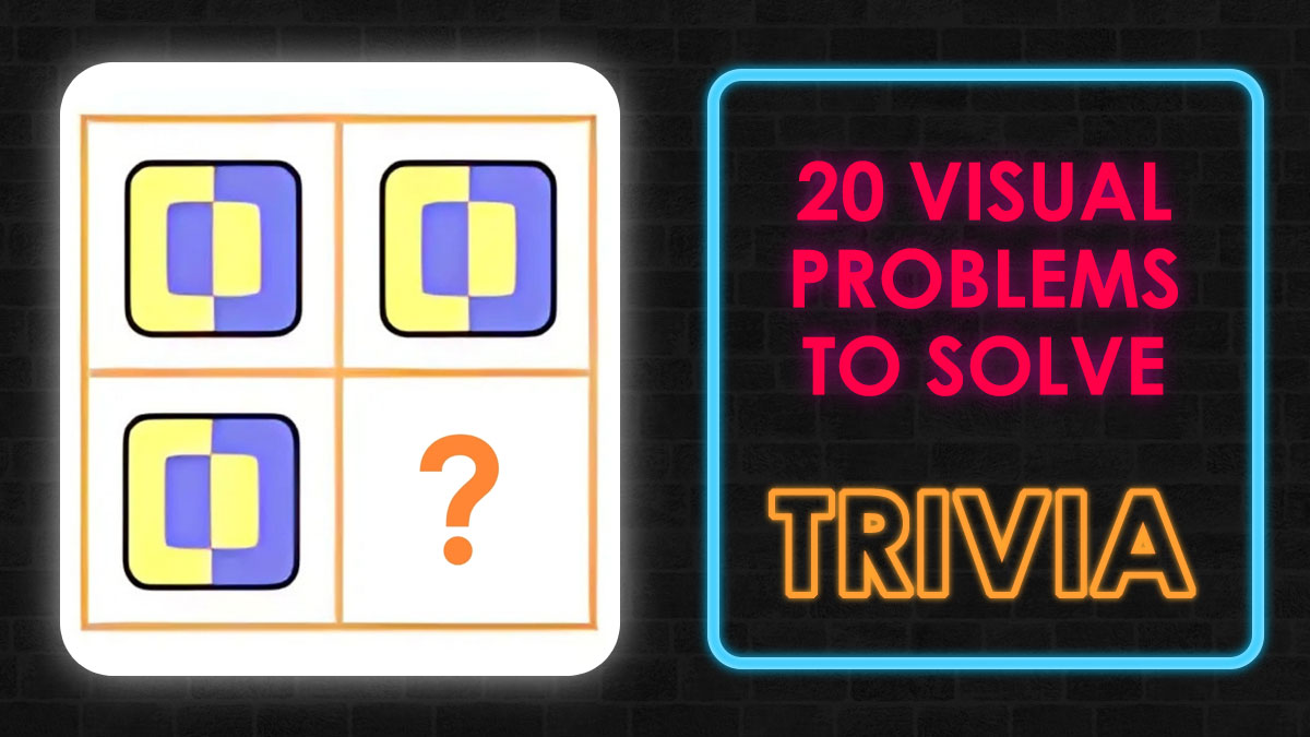 Cognitive ability test puzzle with colored shapes and neon text reading 20 visual problems to solve trivia.