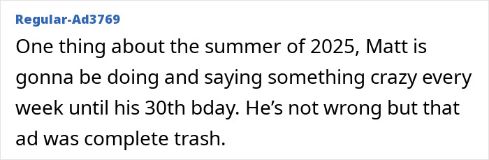 Text message discussing comedian Matt Rife and criticism of a viral ad during summer 2025. Text message discussing comedian Matt Rife and criticism of a viral ad during summer 2025.