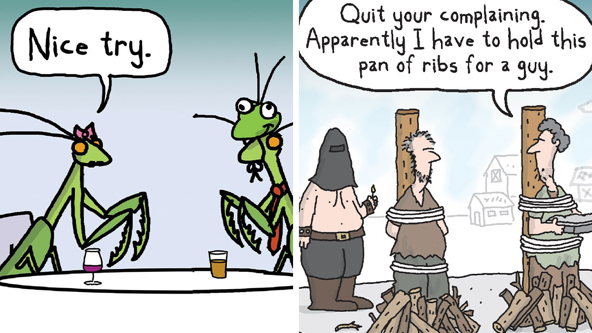 Two humorous comic panels by Dave Blazek featuring unexpected twists with a praying mantis and tied-up men by a pyre.