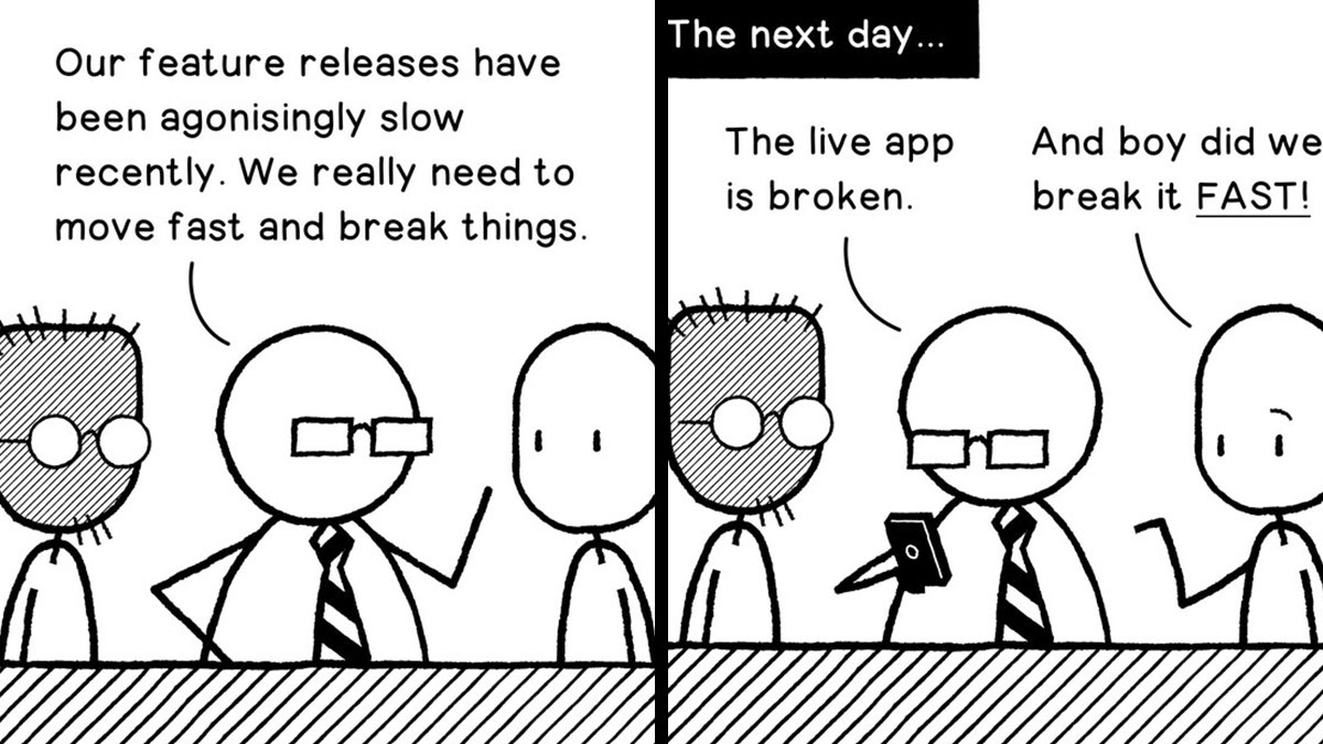 Comic panel illustrating struggles in digital design career with characters discussing app issues and fast feature releases.