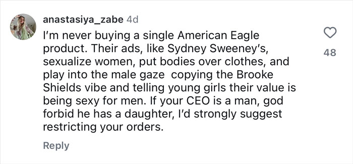 Comment criticizing American Eagle ads for sexualizing women, discussing Gap's jeans ad response in the fashion debate. Comment criticizing American Eagle ads for sexualizing women, discussing Gap's jeans ad response in the fashion debate.