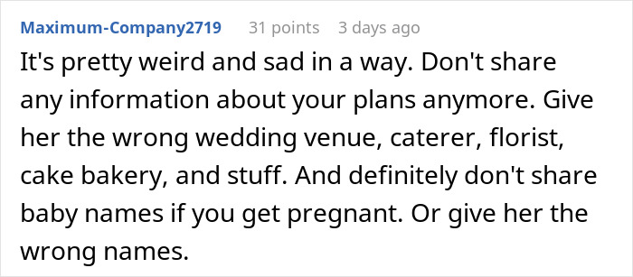 Comment discussing woman confronting brother’s fiancée about copying her wedding dress and advice on wedding plans. Comment discussing woman confronting brother’s fiancée about copying her wedding dress and advice on wedding plans.