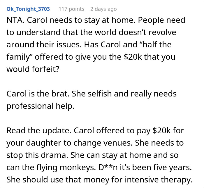Reddit comment criticizing Carol for disrupting daughter's dream wedding venue over sister’s cheating ex issue. Reddit comment criticizing Carol for disrupting daughter's dream wedding venue over sister’s cheating ex issue.