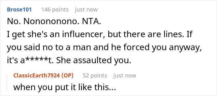 User comment discussing an influencer causing conflict after trying to film sister-in-law at birthday dinner. User comment discussing an influencer causing conflict after trying to film sister-in-law at birthday dinner.