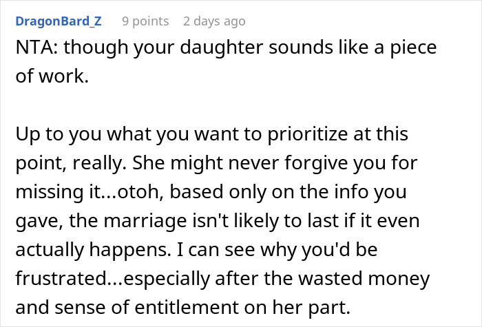 Screenshot of an online comment discussing a man spending $22,500 on daughter's failed wedding and skipping his own event. Screenshot of an online comment discussing a man spending $22,500 on daughter's failed wedding and skipping his own event.