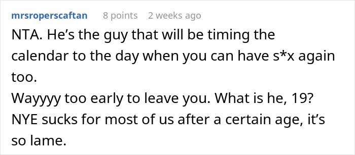 Comment discussing a man asking wife’s permission to travel alone after her scheduled C-section, calling it audacious. Comment discussing a man asking wife’s permission to travel alone after her scheduled C-section, calling it audacious.