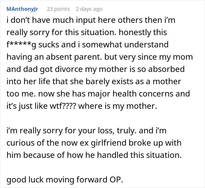 Comment expressing sympathy about absent parents and loss, reflecting on health and family struggles in a personal story. Comment expressing sympathy about absent parents and loss, reflecting on health and family struggles in a personal story.