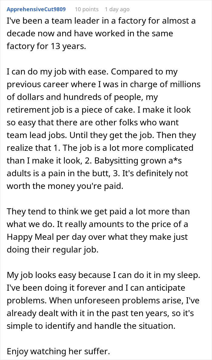 Woman reflects on her easy retirement job while witnessing the comeuppance of colleague who stole her job. Woman reflects on her easy retirement job while witnessing the comeuppance of colleague who stole her job.