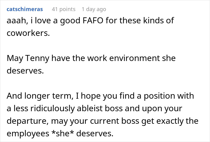 Reddit comment supporting a woman enjoying the comeuppance of a colleague who stole her job in a toxic work environment. Reddit comment supporting a woman enjoying the comeuppance of a colleague who stole her job in a toxic work environment.