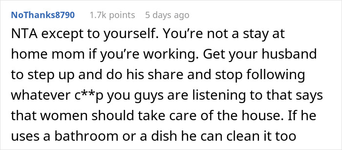 Comment from NoThanks8790 arguing working mom is not a stay at home mom and urging husband to share house chores. Comment from NoThanks8790 arguing working mom is not a stay at home mom and urging husband to share house chores.