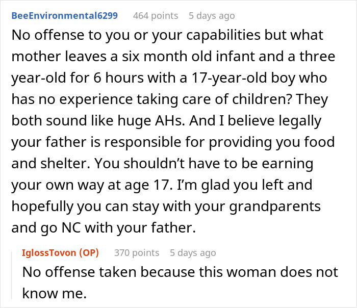 Reddit discussion about a teen escaping dad’s babysitting trap and walking out after being asked to watch fiancée’s kids. Reddit discussion about a teen escaping dad’s babysitting trap and walking out after being asked to watch fiancée’s kids.