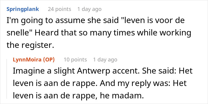 Commenter recalls cashier's words about karma after woman cuts in front of elderly man at grocery store.