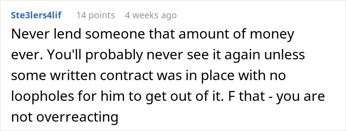 Reddit comment advising against lending large sums of money to friends, reflecting on trust two decades later. Reddit comment advising against lending large sums of money to friends, reflecting on trust two decades later.