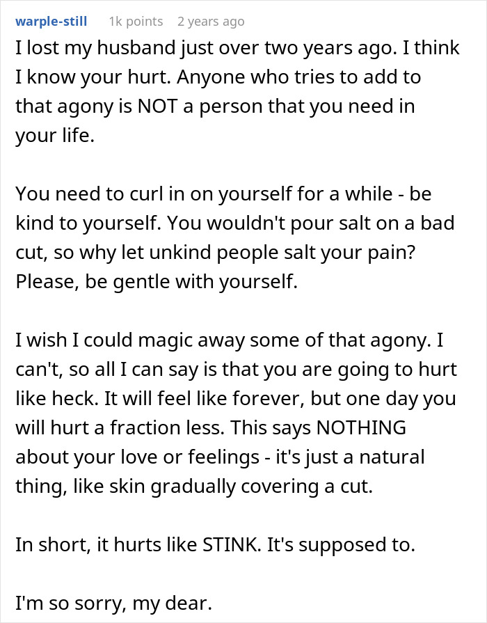 Comment expressing sympathy and advice to a woman coping with the loss of her husband and mother-in-law's hatred. Comment expressing sympathy and advice to a woman coping with the loss of her husband and mother-in-law's hatred.