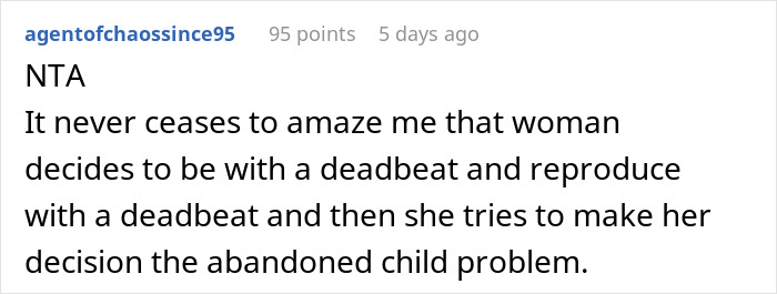 Comment from user expressing frustration about woman staying with deadbeat and the teen escaping dad’s babysitting trap. Comment from user expressing frustration about woman staying with deadbeat and the teen escaping dad’s babysitting trap.