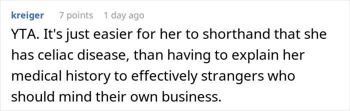 User comment discussing a coworker with celiac disease and gluten-free dietary needs at a workplace pizza party.