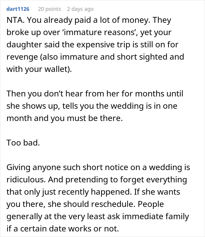 Comment discussing man shelling out $22,500 for daughter’s failed wedding and skipping his own event to hang out with friends. Comment discussing man shelling out $22,500 for daughter’s failed wedding and skipping his own event to hang out with friends.
