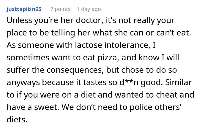 Comment discussing workplace conflict involving a gluten-free colleague during a pizza party and dietary boundaries.