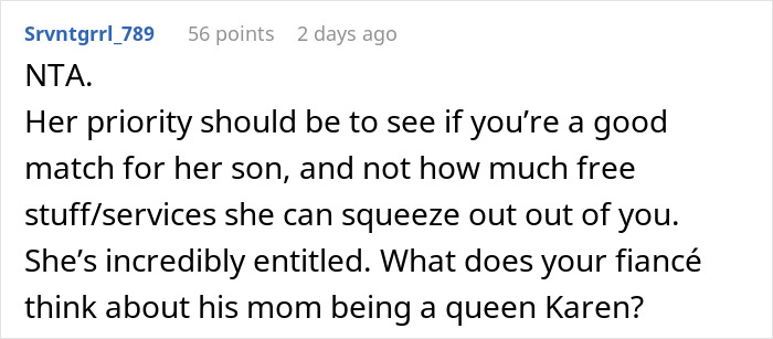 Comment discussing a mother prioritizing marriage match over free salon service entitlement in a family context.