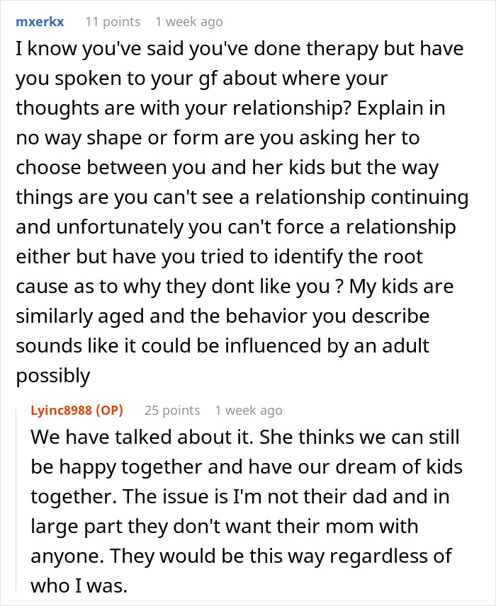 Reddit users discuss a man trying to win over fiancee’s kids for years and considering breaking up. Reddit users discuss a man trying to win over fiancee’s kids for years and considering breaking up.