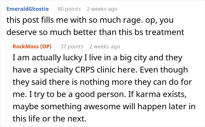 Reddit comments expressing frustration about chronic pain being dismissed and mention of a specialty CRPS clinic in a big city. Reddit comments expressing frustration about chronic pain being dismissed and mention of a specialty CRPS clinic in a big city.