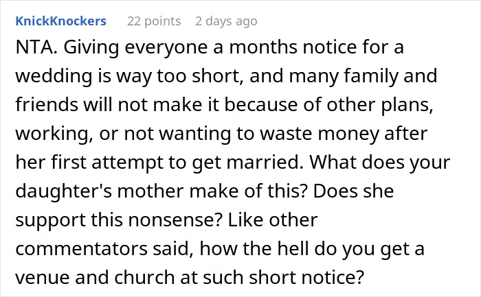 Comment discussing man shelling out money for daughter’s failed wedding and skipping real one to hang out with friends. Comment discussing man shelling out money for daughter’s failed wedding and skipping real one to hang out with friends.