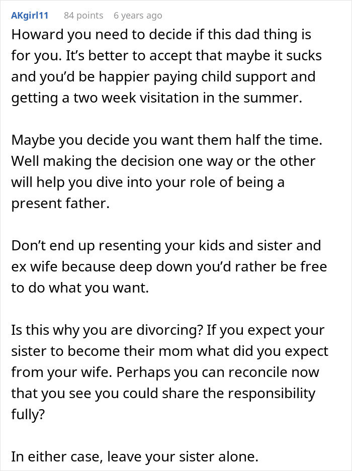 Commenter advising a dad on childcare responsibilities and family tensions involving sister and kids after divorce concerns. Commenter advising a dad on childcare responsibilities and family tensions involving sister and kids after divorce concerns.