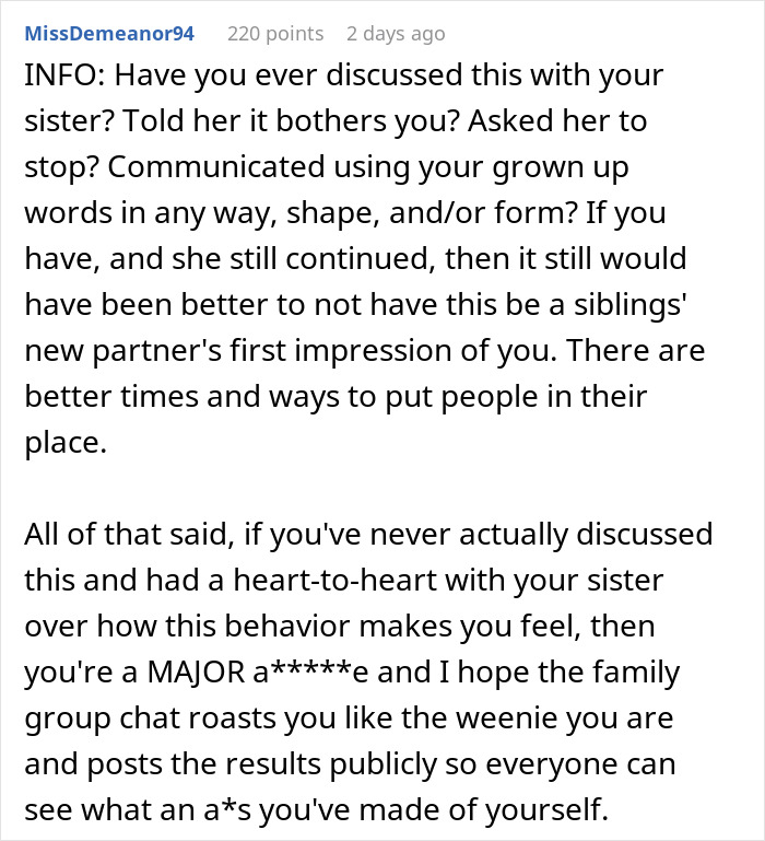 Text post about sibling conflict and adopted sister joke backfiring when bio dad never chose her in family dynamics. Text post about sibling conflict and adopted sister joke backfiring when bio dad never chose her in family dynamics.