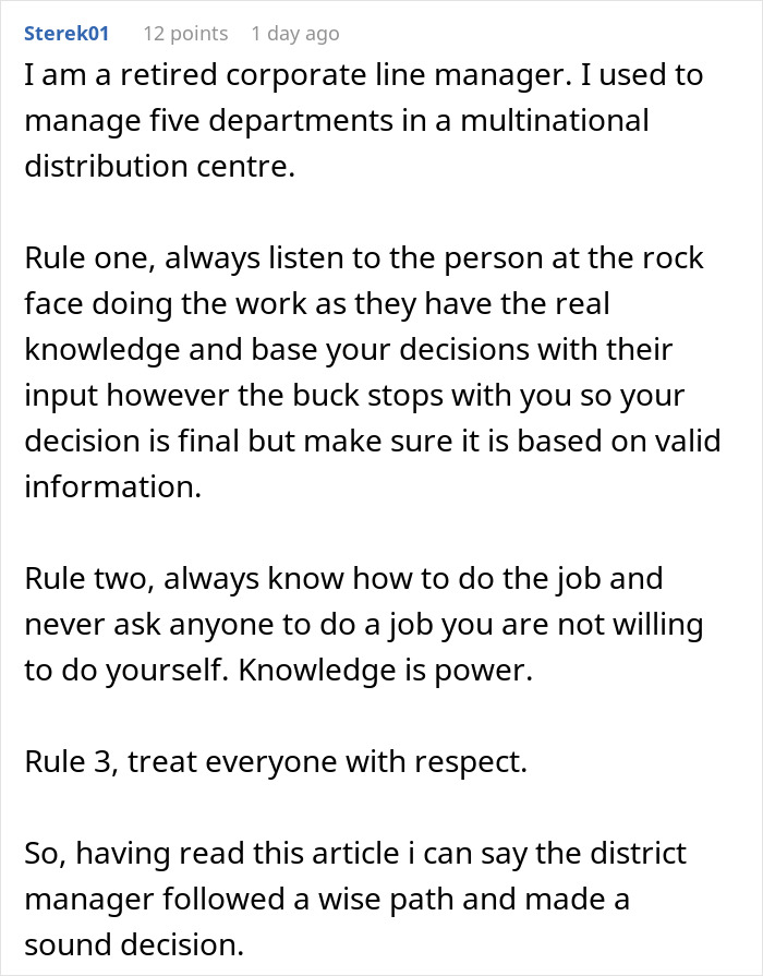Comment from a retired corporate manager emphasizing knowledge, respect, and decision-making in work management. Comment from a retired corporate manager emphasizing knowledge, respect, and decision-making in work management.