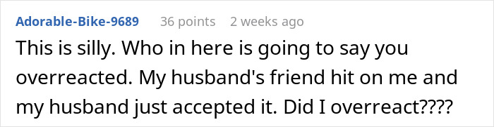 Comment text about a friend’s compliment causing discomfort, wife insisting on hotel, and husband disagreeing. Comment text about a friend’s compliment causing discomfort, wife insisting on hotel, and husband disagreeing.