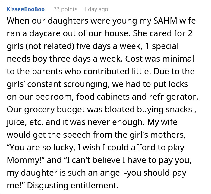 Comment describing a woman running a home daycare and the challenges babysitters face earning a living wage. Comment describing a woman running a home daycare and the challenges babysitters face earning a living wage.
