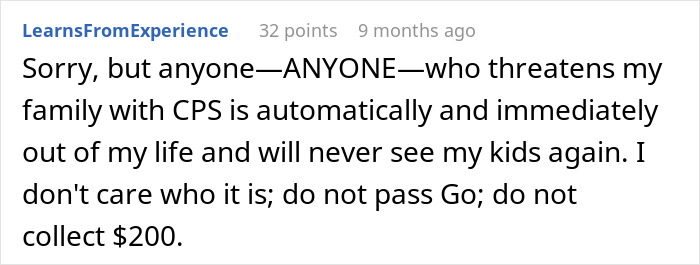 Comment expressing zero tolerance for anyone who threatens family with CPS, emphasizing protection of unborn baby and kids. Comment expressing zero tolerance for anyone who threatens family with CPS, emphasizing protection of unborn baby and kids.