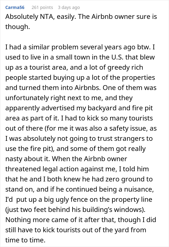 Comment discussing neighbor refusing tourists patio use and Airbnb host upstairs calling it discrimination in a rental dispute. Comment discussing neighbor refusing tourists patio use and Airbnb host upstairs calling it discrimination in a rental dispute.