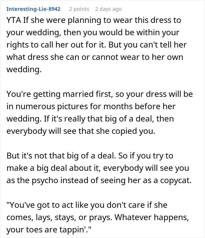 Text post discussing a woman confronting brother’s fiancée for copying her wedding dress and its social implications. Text post discussing a woman confronting brother’s fiancée for copying her wedding dress and its social implications.