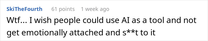 Comment by SkiTheFourth expressing frustration over people getting emotionally attached to AI as a tool in online discussion. Comment by SkiTheFourth expressing frustration over people getting emotionally attached to AI as a tool in online discussion.